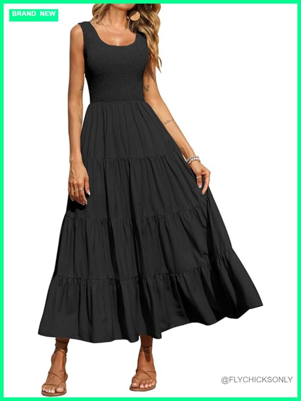 Casual Loose Plain Maxi Sundress Smocked Tank Dress Sleeveless Summer Tiered